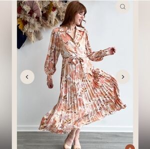 en saison clover orange floral print pleated long sleeve midi summer dress small